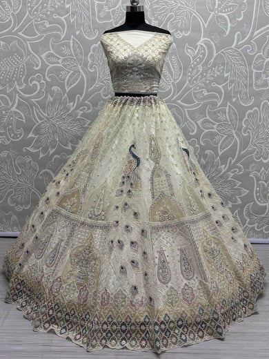 Charming Off - White Sequins Net Wedding Lehenga Choli With Dupatta - Ethnic Plus In